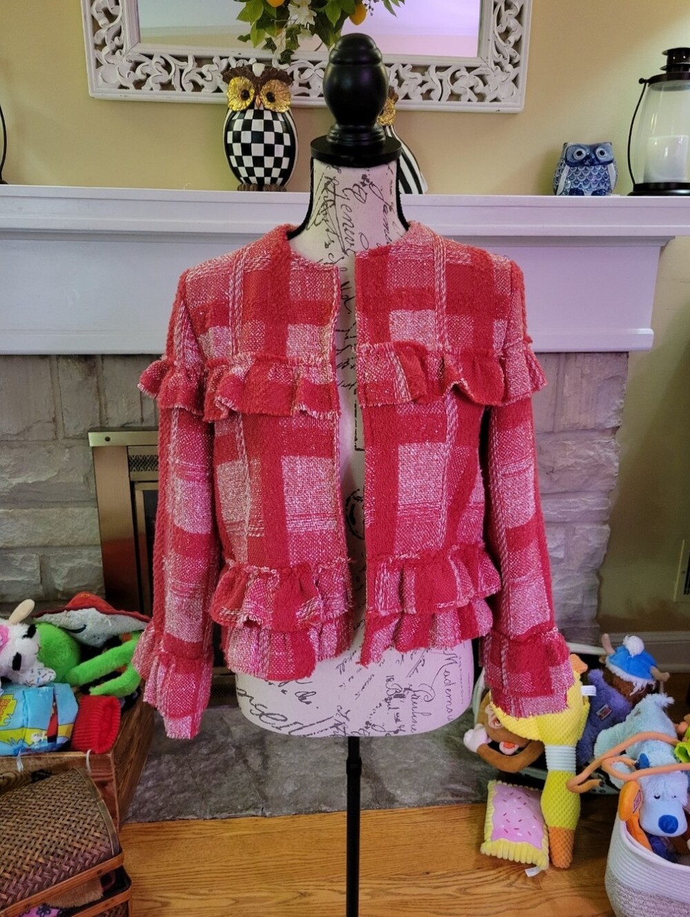 Jack by BB Dakota Red Plaid Ruffle Tweed Blazer Jacket Size S